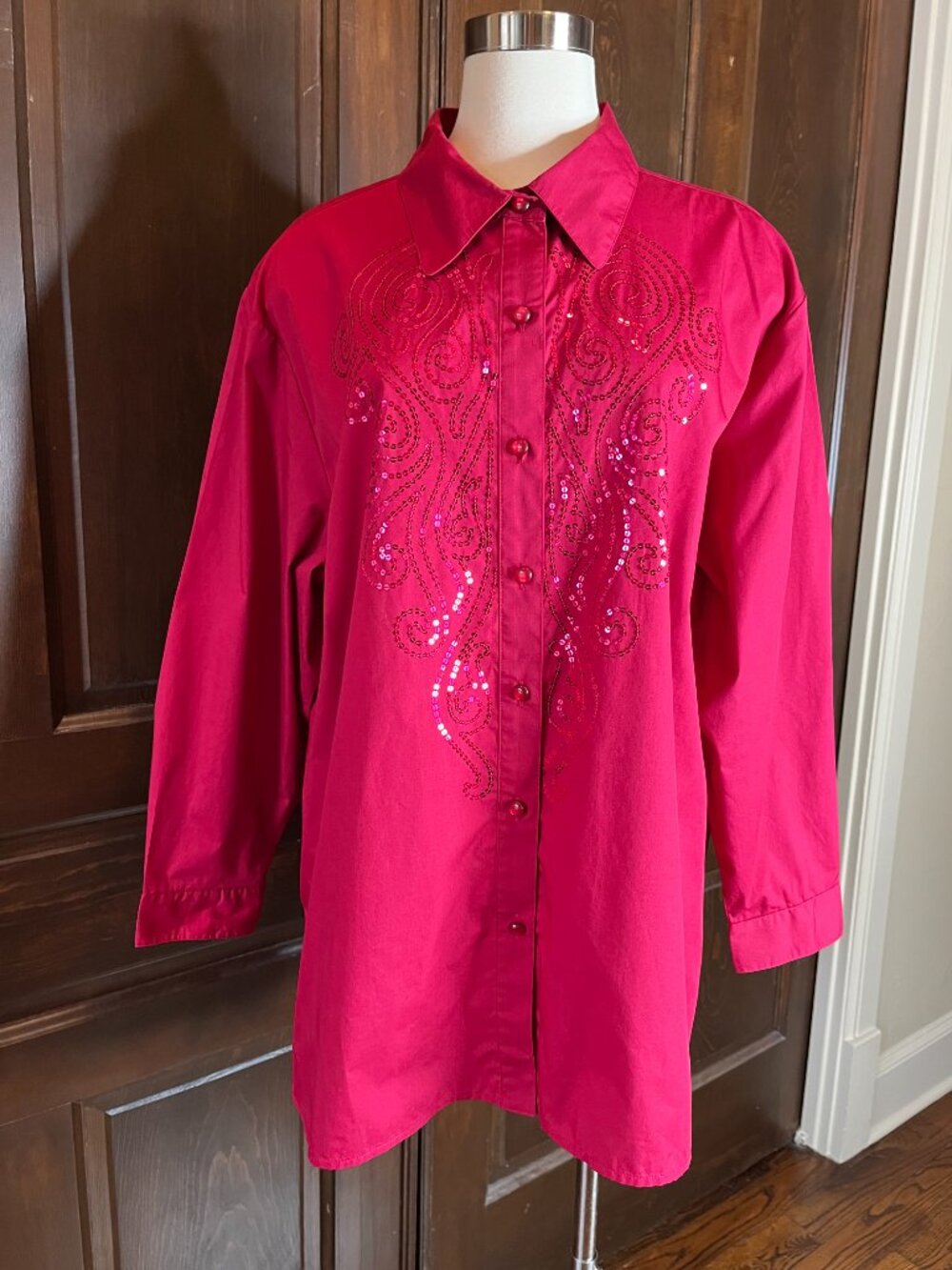 Bob Mackie Wearable Art Sequin Embellished Button Up Shirt Vibrant Red Holiday2X - Picture 3 of 11